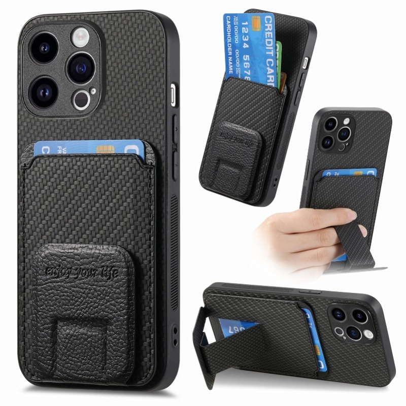 Ốp điện thoại ví da bằng sợi Carbon cho IPhone 16 15 14 13 12 11 Pro Max XSMAX Plus Giá đỡ gấp có nắp đựng thẻ