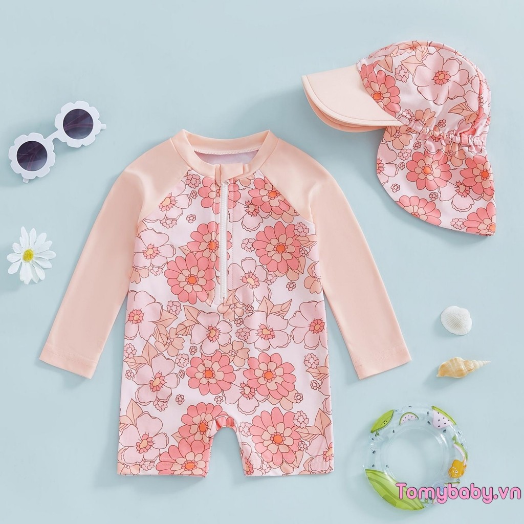 Bộ đồ bơi dài tay cho bé gái Bộ đồ tắm chống đóng cọc in hoa / Flamingo + Sunhat