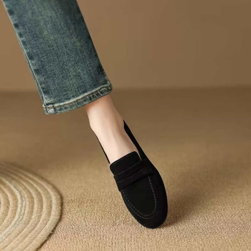 Mùa Xuân Pháp Thu Phong Cách Mới Retro Nữ Giày Mũi Tròn Mờ Da Mềm Slip-On Giày Da Nhỏ Giày Đơn Nữ