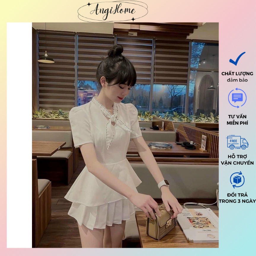 SET ÁO PEPLUM THẮT NƠ VIỀN CHỈ ĐEN + CHÂN VÁY TẦNG ANGI HOME