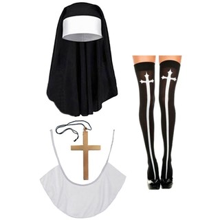 Nun Costume Set,Nun Hat,Cross Pendant Necklace,Knee Thigh  Socks,Nun Collar