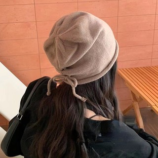 Mũ Len Dây Rút Màu Trơn Bảo Vệ Tai Có Thể Điều Chỉnh Giữ Ấm Mùa Thu Đông Đường Phố Cho Nam Và Nữ - Mũ Len Dây Rút