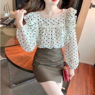 Áo chiffon Cổ Vuông Họa Tiết Chấm Bi Phối Bèo Thời Trang Hàn Quốc Cho Nữ
