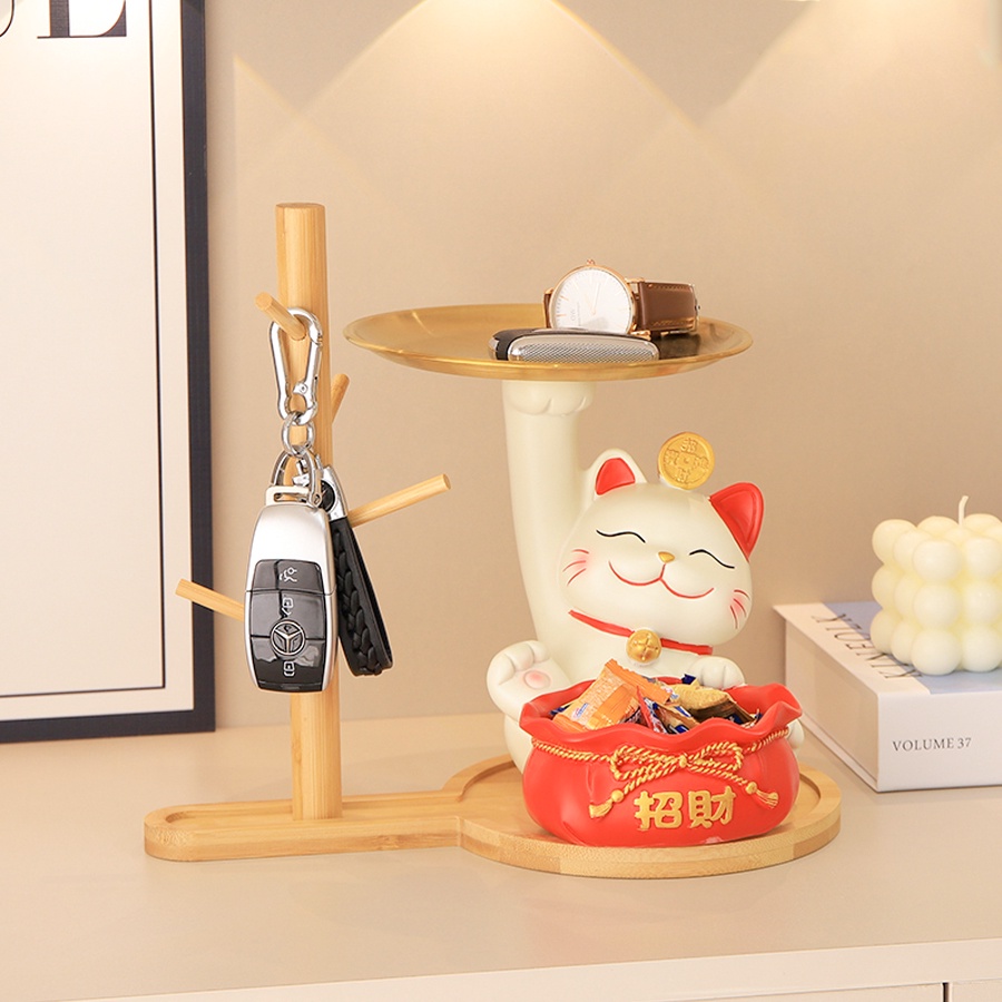 Tượng Mèo Thần Tài Há Miệng Decor Trang Trí Phòng, Để Đồ Chìa Khoá Bánh Kẹo Tài Lộc May Mắn