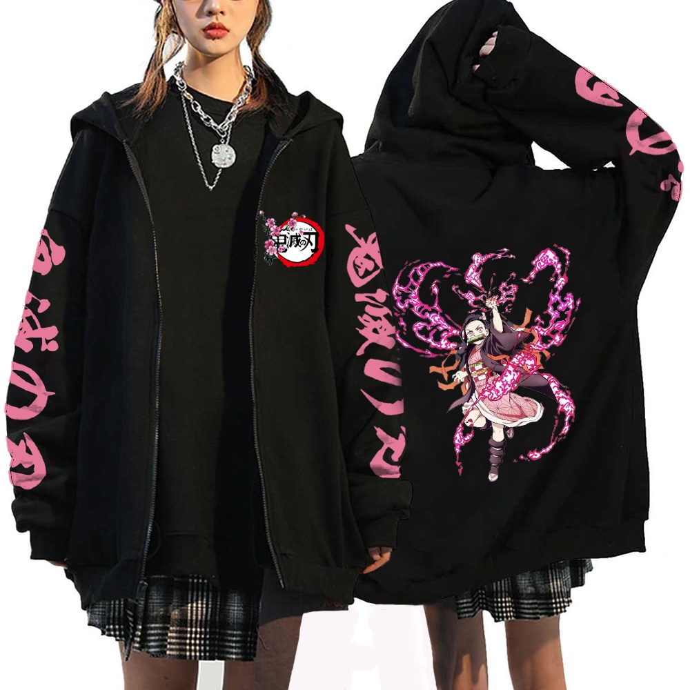 Áo Khoác Hoodie Chui Đầu Có Khóa Kéo In Hình demon slayer Nhật Bản kamado nezuko plus size Cho Nữ Thời Trang