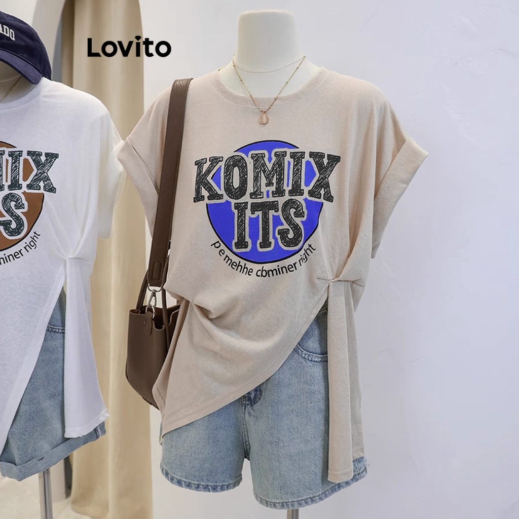 Áo thun Lovito lật tà xếp nếp không đối xứng họa tiết chữ cái thường ngày cho nữ LNA21020 màu mơ/ xám spe
