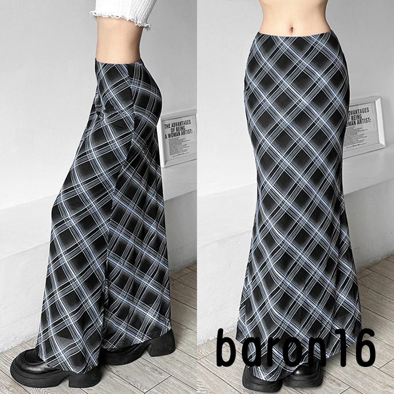 Chân Váy Dài Lưng Cao Họa Tiết Sọc Caro Phong Cách vintage Y2K