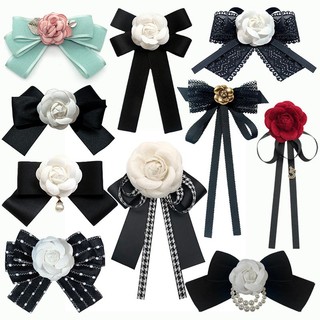 READY STOCK Women's Camellia Bow Ties with Pins College Style Rose Blouse Dress Neckties Collar Accessories