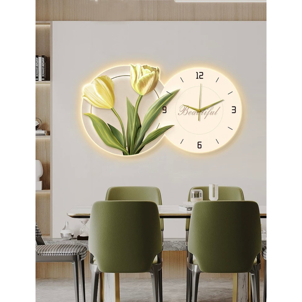 Tranh Đồng Hồ 3D LED Hoa Tulips Treo Phòng Khách, Phòng Phủ, Quán cafe, Nhà Trẻ, Quà Tặng Người Thân