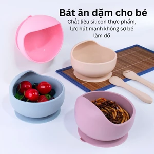 Bát ăn dặm cho bé bằng silicon có đế hít chống đổ (không thìa, muỗng), chịu nhiệt, Bát chống dính