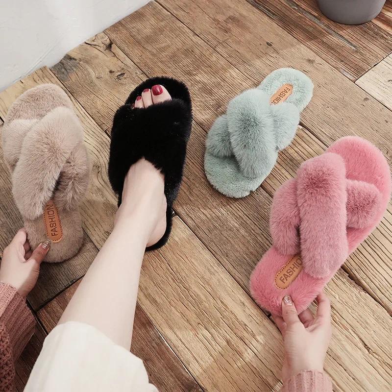 Dép Lông Xù Quai Chéo Mềm Mại Ấm Áp Thời Trang Dành Cho Nữ