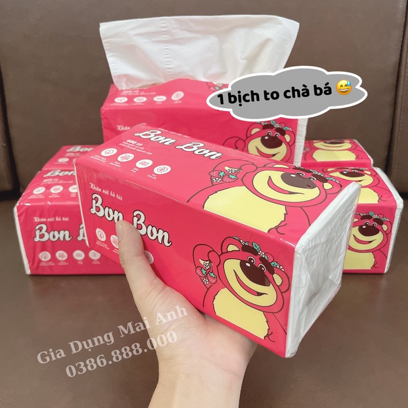 Giấy ăn gấu dâu, khăn giấy rút đa năng, 1 bịch 400 tờ, dẻo dai mềm mại  [SHOP.MH]