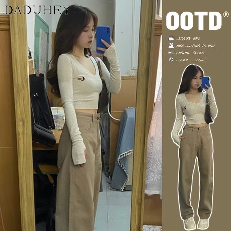 Ảnh DaDuHey New American Ins High Street Retro Khaki Jeans Niche High Waist Loose Wide Leg Pants Large Size Trousers 4