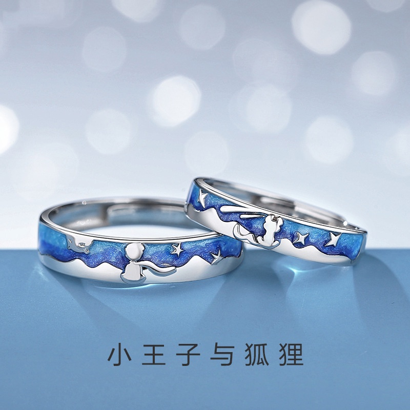 Nhẫn Đôi Mạ Bạc 925 Khắc Hình Hoàng Tử Bé Và Cáo Độc Đáo Có Thể Điều Chỉnh Kích Cỡ