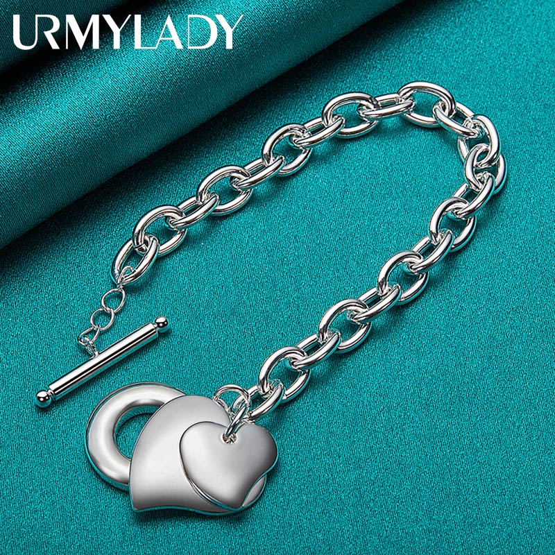 URMYLADY Bạc 925 Đôi Trái Tim Mặt Dây Chuyền Vòng Tay Nữ Tiệc Cưới Trang Sức Quyến Rũ