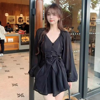 Đồ Bộ Big size nữ tiểu thư áo kiểu tay dài vạt xòe xẻ nhún eo kèm quần đùi lưng chun chất vải đũi xốp dễ mặc SET91