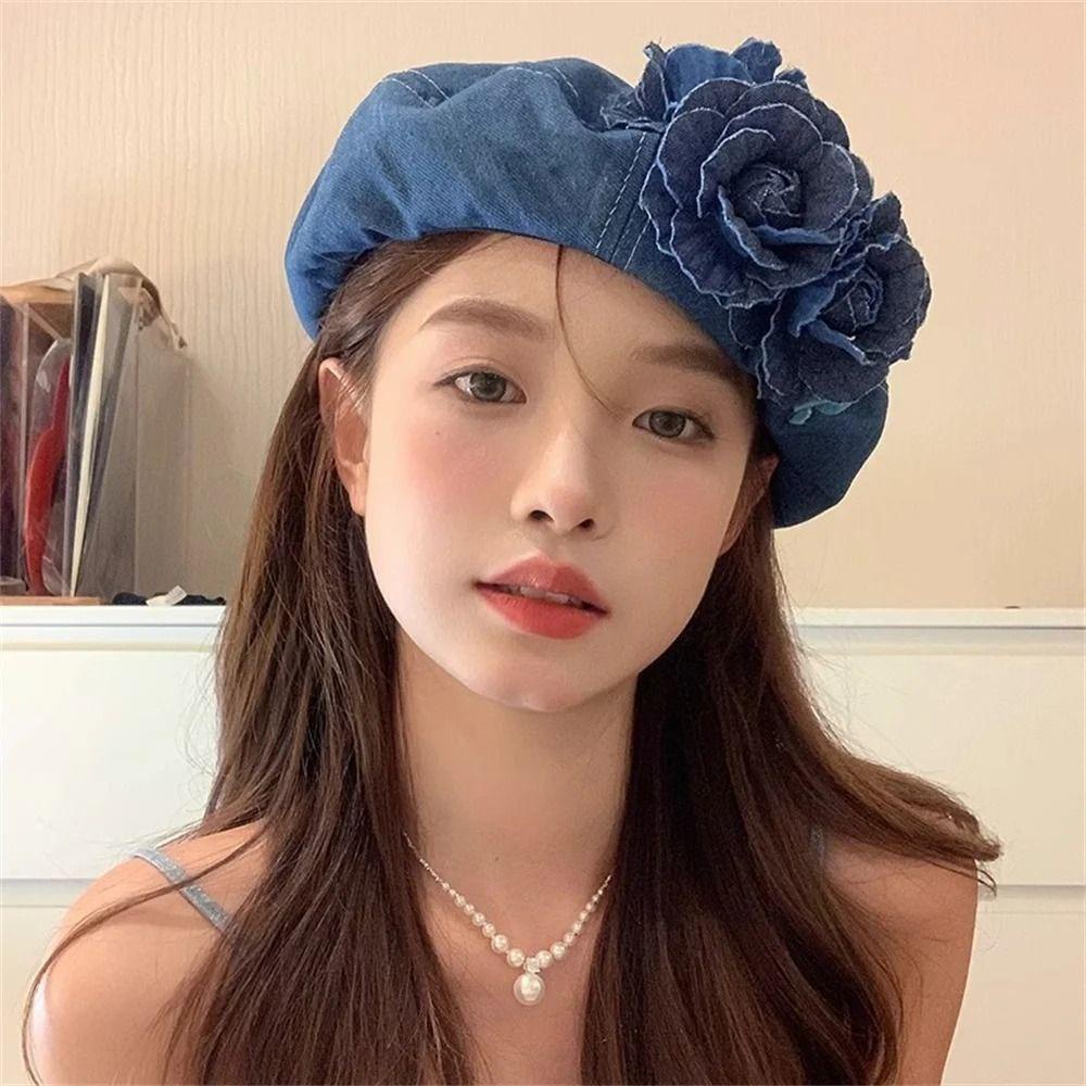 Wanyedi Mũ nồi lông tơ, Màu sắc tương phản Denim Mũ họa sĩ Cotton, Mũ nồi hoa mùa xuân hè hợp thời trang Camellia