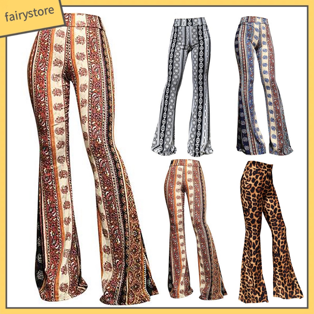 Fairystore| Mềm Quần Dài Lưng Cao Co Giãn Ống Loe In Họa Tiết Da Báo Phong Cách vintage Thập Niên 70