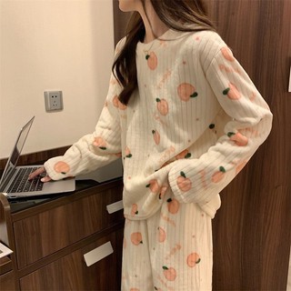 2025 Thu Đông Phong Cách Mới San Hô Lông Cừu Flannel Ấm Áp Homewear Dễ Thương Bộ Đồ Ngủ Thời Trang Rời Phù Hợp Với Nữ