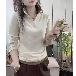 Cổ Đứng Hai Mặt Nhung Đức Đáy Áo Sơ Mi Nữ Thu Đông 2023 Phong Cách Tất Cả Trận Đấu Ấm Áp Dài @ -