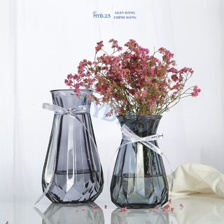 Lọ hoa thuỷ tinh đa giác kèm nơ bình hoa cao cấp cổ nhỏ decor xinh xắn trang trí phòng khách bàn làm việc Myd.23