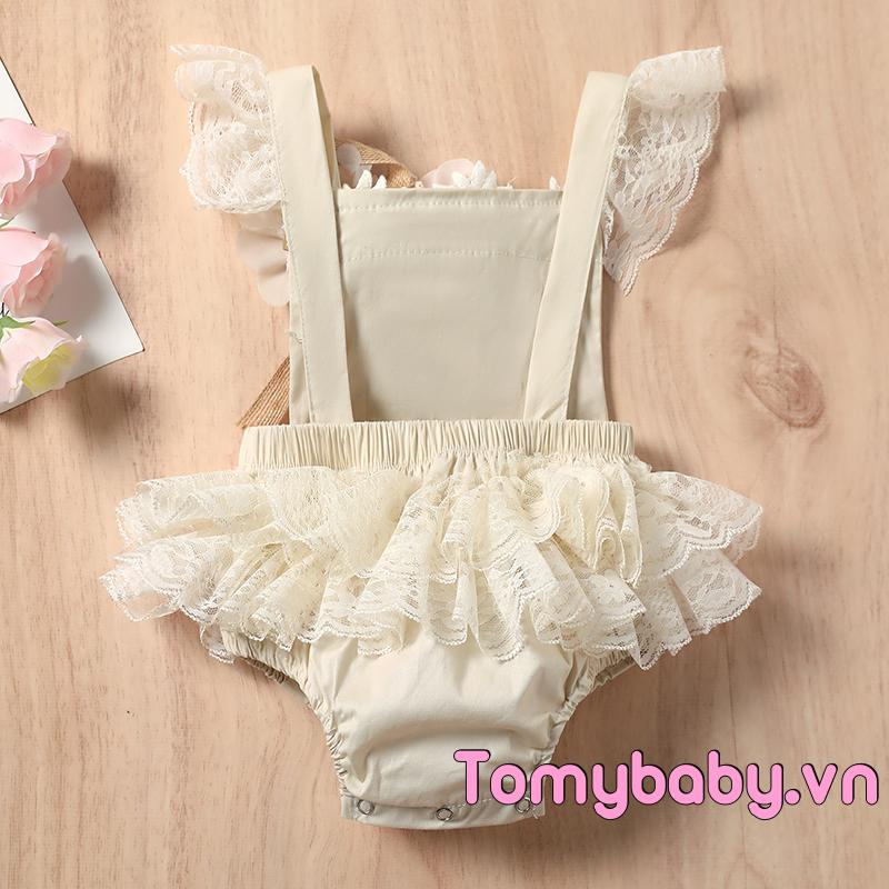 Thanh Lịch Bé Gái Áo Liền Quần Không Tay Cổ Vuông Ren Viền Màu Trơn Hoa Khâu Playsuit + Váy Ren