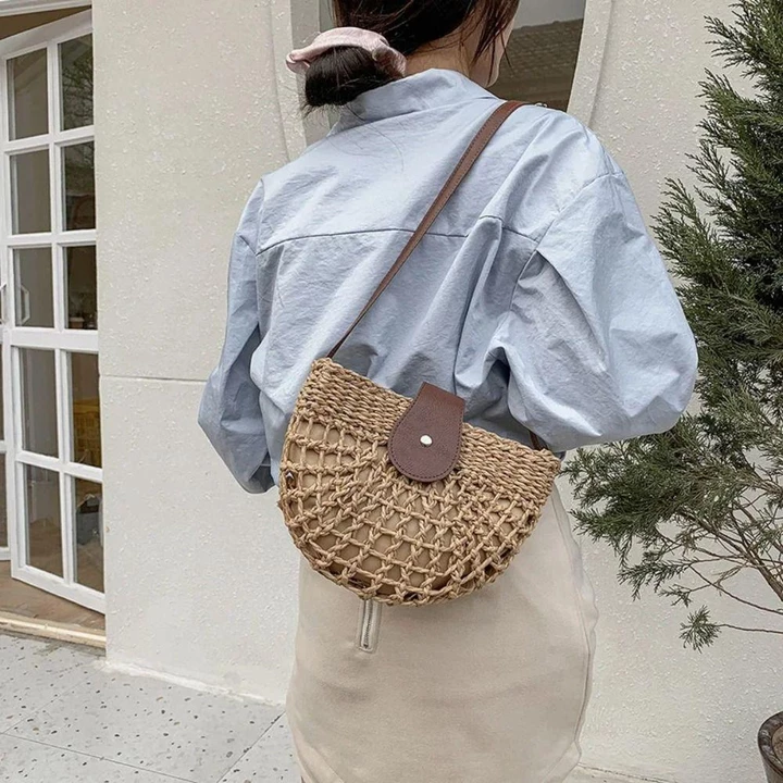 Túi rơm mùa hè FANSINAG, Túi xách Messenger Túi cói hình bán nguyệt thời trang, Túi đi biển Túi Tote du lịch nữ Túi đeo vai rỗng – 7