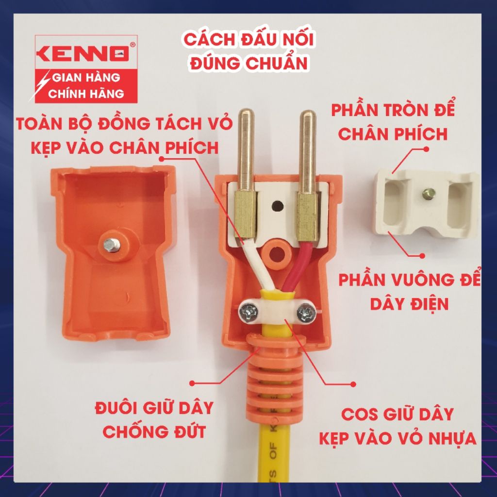 Phích cắm chịu tải Qled/Kenno công suất 3000W màu cam trắng đen chân phích 4.8mm