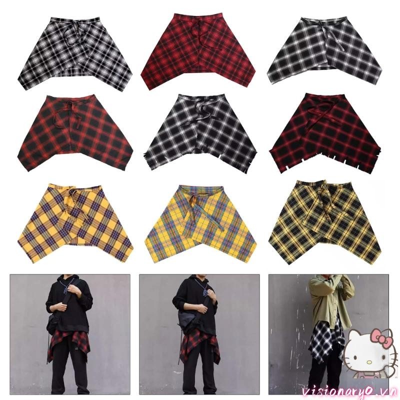 Tầm Nhìn Unisex Checkered Lớp Ngắn Quấn Váy Không Đều Xếp Ly Tạp Dề Váy Buộc Một Dòng Hông Khăn Overskirt Áo E