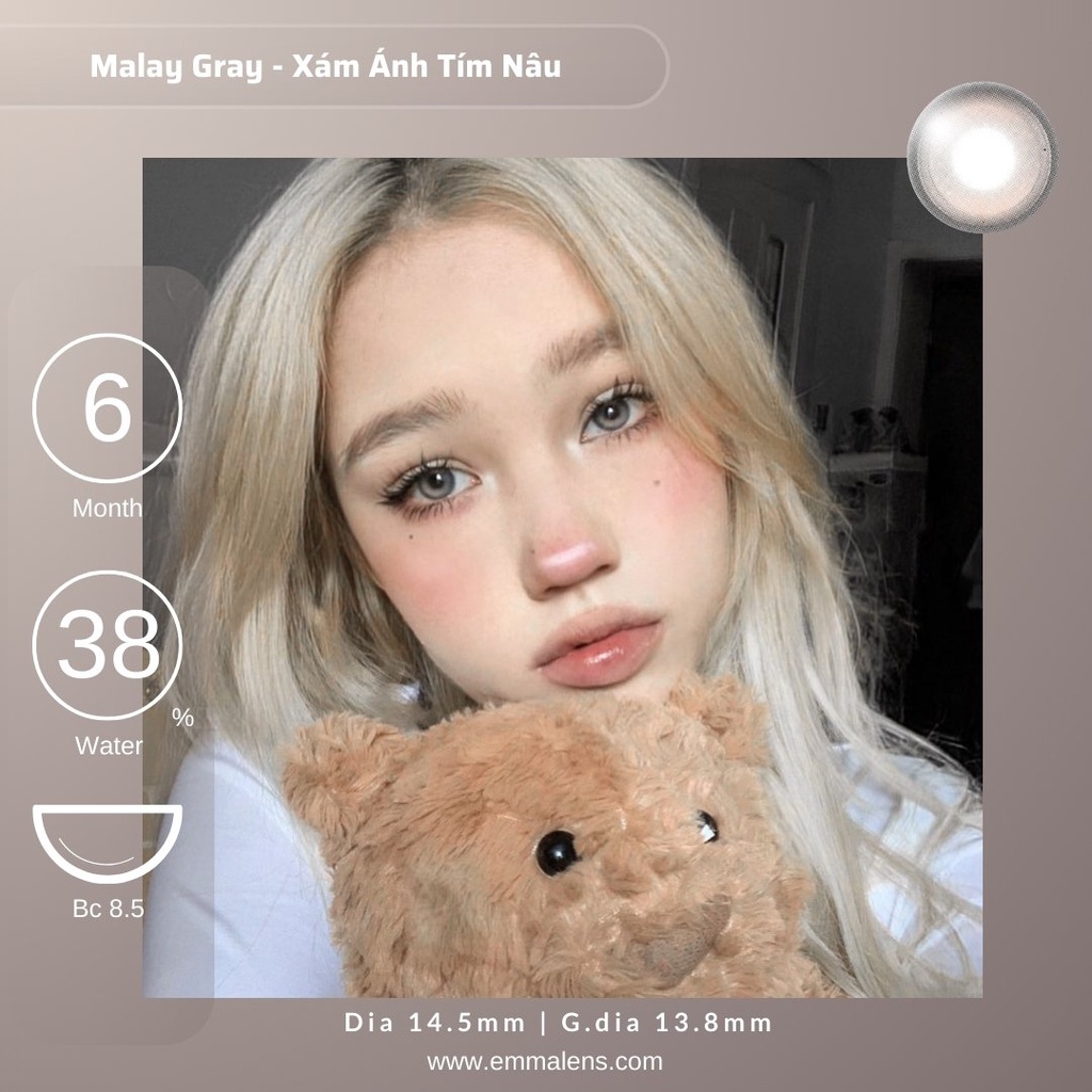 Kính áp tròng Malay Gray không I-On | Lens xám ánh tím rêu giãn to | Emma Lens