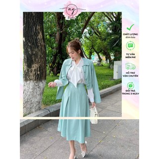 SET 3 MÓN : ÁO KHOÁC NÚT TAY DÀI CROPTOP + ÁO SƠ MI THẮT NƠ + CHÂN VÁY MIDI XANH AG.FASHION