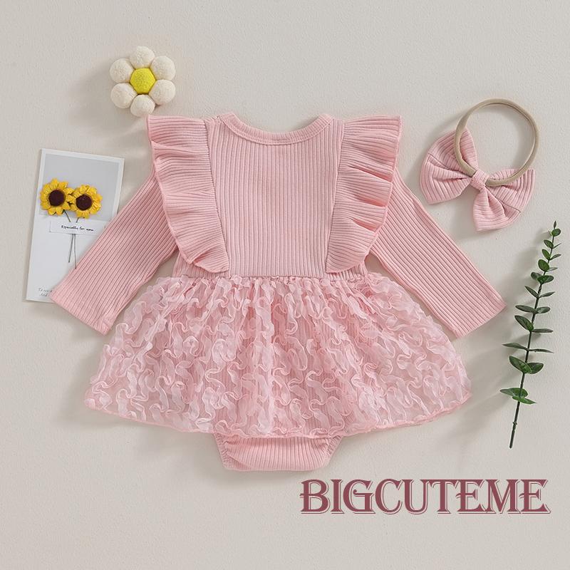 Bộ Áo Liền Quần Tay Dài Đính Nơ + Băng Đô Dành Cho Bé Gái 0-18 Tháng Tuổi
