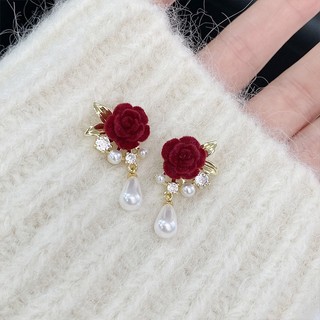Khuyên Tai Cao Cấp Hình Hoa Hồng Nhung Đỏ Rượu Vang Đính Hạt Giả Ngọc Trai Phong Cách retro
