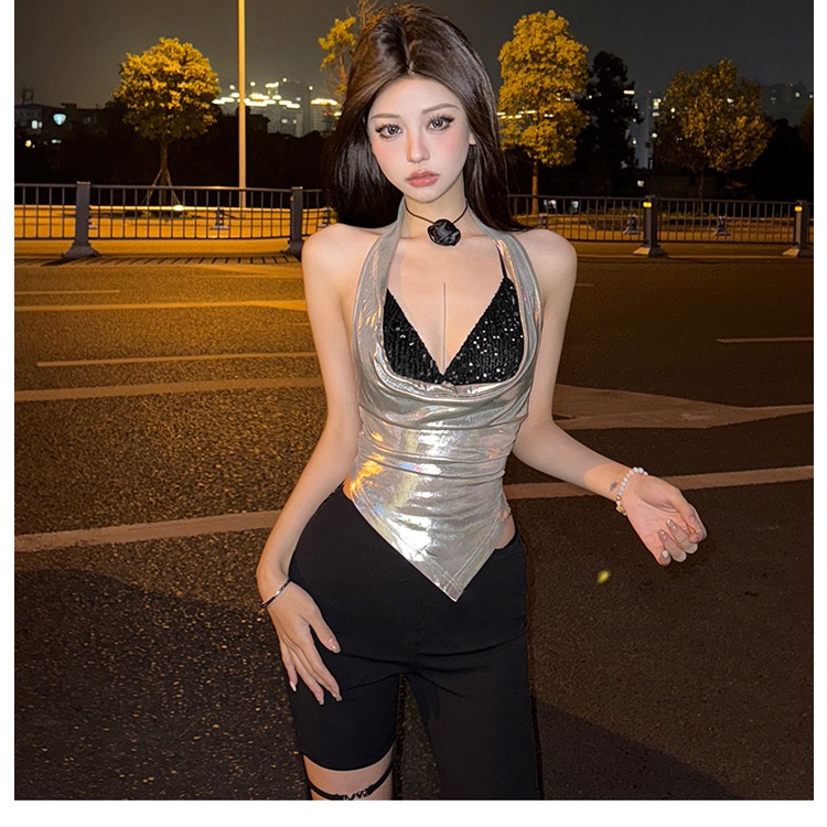 Klalien Áo Hai Dây Hở Lưng Ôm Dáng Màu Bạc Phong Cách vintage Đường Phố Cá Tính Quyến Rũ Dễ Phối Đồ Dành Cho Nữ