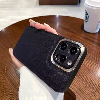 Ốp Điện Thoại Da Hoa Camellia Ống Kính Kim Loại Mạ Sang Trọng Cho iPhone 16 15 Pro Max 14Promax Plus 11 12 13 Pro Max 17Promax Vỏ Chống Sốc Nữ Tính