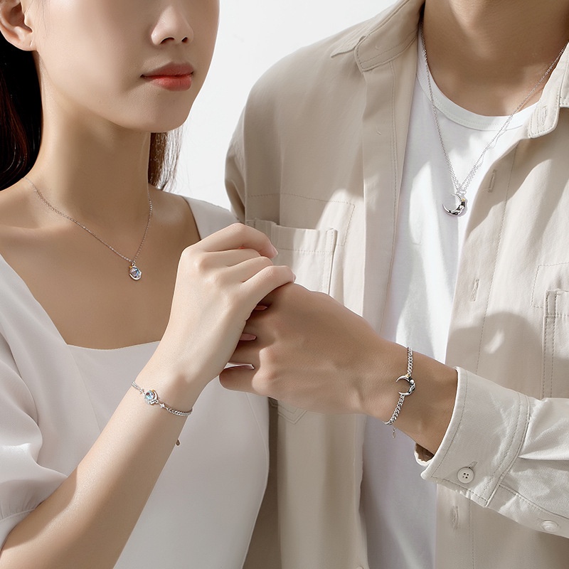 S925 Ngôi Sao Bạc Mặt Trăng Hoàng Tử Bé Và Hoa Hồng Đôi Vòng Tay Thời Trang Đơn Giản