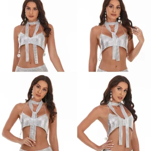 GODD Nữ Sequins Crop Tops Không Tay Dây Cổ Tank Tops Vest Clubwear