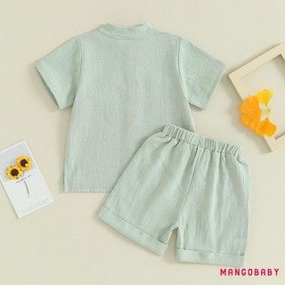 Mgg-kids Bé Trai Trang Phục Vải Lanh Mùa Hè Nút Màu Trơn Áo Tay Ngắn Và Quần Short Eo Co Giãn 2 Bộ Quần Áo