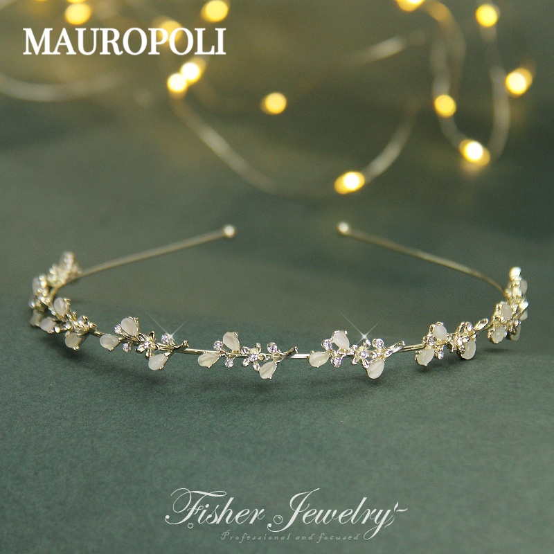 Mauropoli [Hàng Có Sẵn] Băng Đô Kim Loại Đính Đá Mắt Mèo Siêu Mỏng Phong Cách mori Cổ Điển Dễ Phối Đồ