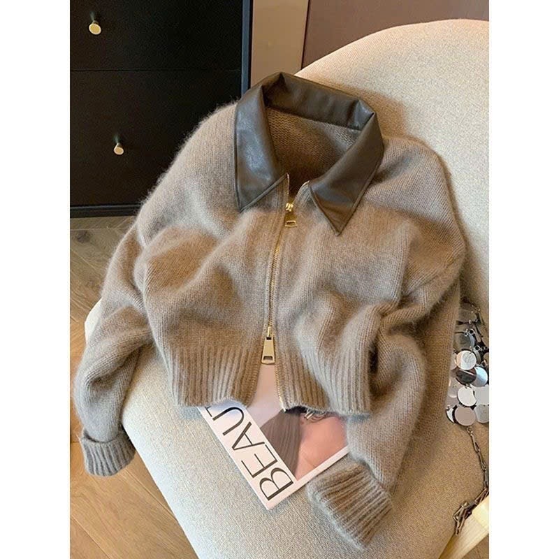 Áo khoác cardigan len dáng croptop thiết kế cách điệu khóa kéo 2 chiều phối cổ sơ mi BA SP252