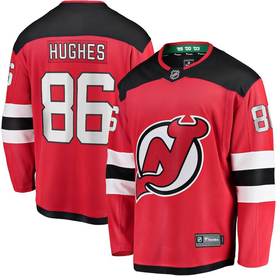 BS1 NHL Jack Hughes Jersey Nhà, Áo Thun Dài Tay New Jersey Devils, Size Lớn Cho Người Hâm Mộ