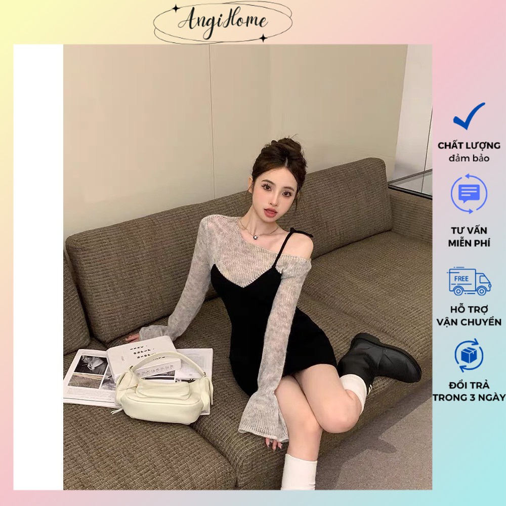 SET ĐẦM XÁM BẸT CUỐN BIÊN GÂN TĂM TAY LOE BODY SUÔNG + ĐẦM YẾM CỘT DÂY 1 BÊN ANGIHOME
