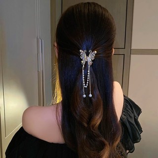 Kẹp Tóc Hình Bướm Đính Ngọc Trai Giả Bằng Kim Loại Phối Tua Rua Lưng Thanh Lịch