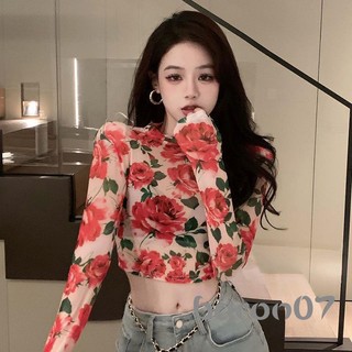 Phụ Nữ Dài Tay Crop Tops In Hoa Mock Cổ Lưới Áo Sơ Mi Mùa Xuân Thu Thường Ngày Slim Fit Áo Thun