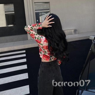 Phụ Nữ Dài Tay Crop Tops In Hoa Mock Cổ Lưới Áo Sơ Mi Mùa Xuân Thu Thường Ngày Slim Fit Áo Thun