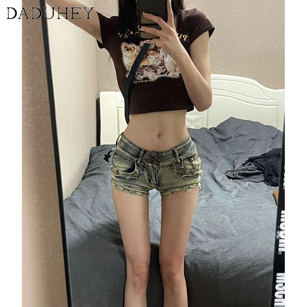 Ảnh Quần short chữ A DADUHEY denim lưng cao phong cách đường phố Mỹ cổ điển cao cấp 2