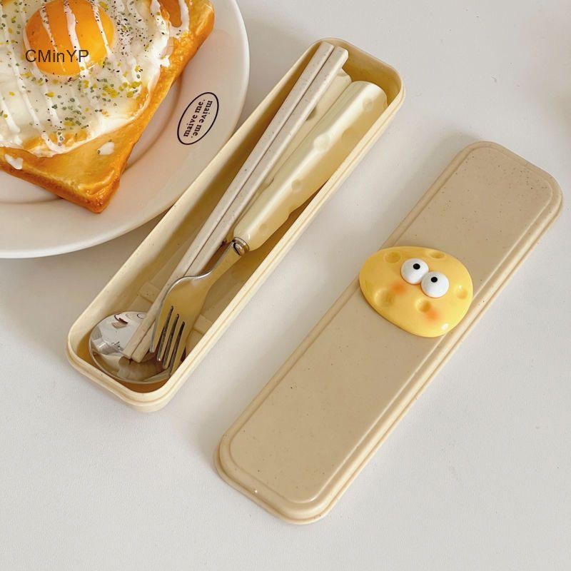 Cyinyp Thép Không Gỉ Dễ Thương Thìa Phô Mai Nĩa Lúa Mì Đũa Bộ Ba Mảnh Học Sinh Trẻ Em Di Động Bộ Đồ Ăn Hộp Bảo Quản Glory