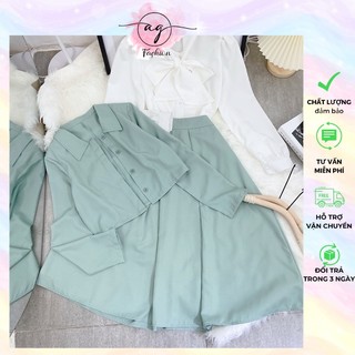 SET 3 MÓN : ÁO KHOÁC NÚT TAY DÀI CROPTOP + ÁO SƠ MI THẮT NƠ + CHÂN VÁY MIDI XANH AG.FASHION