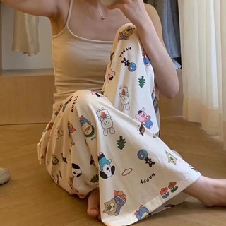 Quần dài mặc ở nhà dáng rộng màu hồng in họa tiết hoạt hình dễ thương