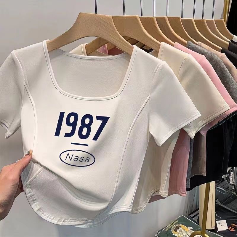 Áo Thun Cotton Nguyên Chất Cổ Vuông Ngắn Tay Ôm Dáng Viền Cong Thiết Kế Xương Cá Hợp Thời Trang Cho Nữ